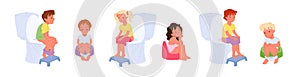 Cartoon funny kids pee or defecate in restroom, lavatory isolated on white. Potty training, toddler hygiene concept