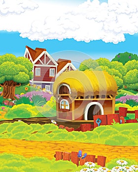 Cartoon funny looking farm scene in the middle of the nature