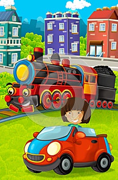 Cartoon funny looking steam train going through the city and kid girl driving in toy car in front of it