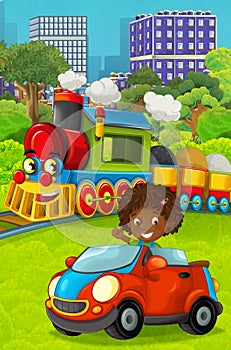 Cartoon funny looking steam train going through the city and kid girl driving in toy car in front of it