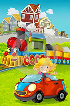 Cartoon funny looking steam train going through the city and kid girl driving in toy car in front of it