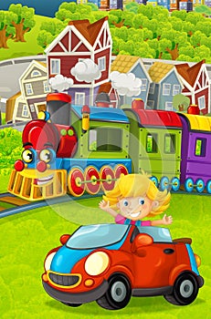 Cartoon funny looking steam train going through the city and kid girl driving in toy car in front of it