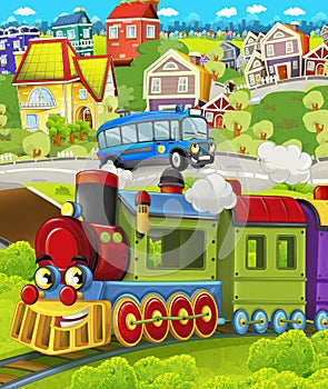 Cartoon funny looking steam train locomotive near the city with cars and plane flying by - illustration for children