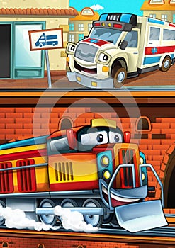 Cartoon funny looking train on the train station near the city and ambulance car driving - illustration