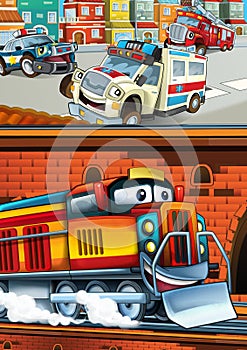 Cartoon funny looking train on the train station near the city and ambulance car driving - illustration