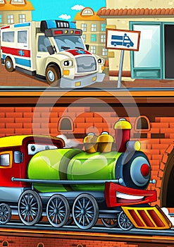 Cartoon funny looking train on the train station near the city and ambulance car driving - illustration