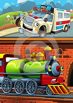 Cartoon funny looking train on the train station near the city and ambulance car driving - illustration