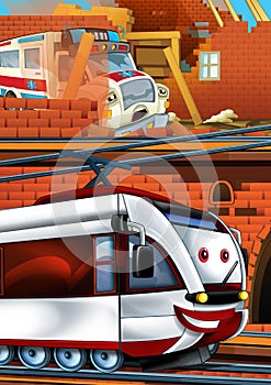 Cartoon funny looking train on the train station near the city and ambulance car driving - illustration