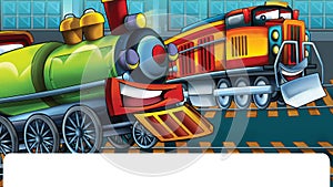 Cartoon funny looking trains in industrial scenery