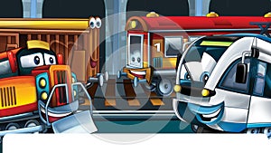 Cartoon funny looking trains in industrial scenery