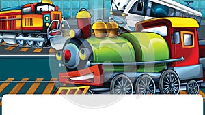 Cartoon funny looking trains in industrial scenery