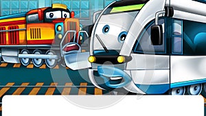 Cartoon funny looking trains in industrial scenery