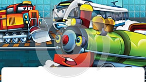 Cartoon funny looking trains in industrial scenery