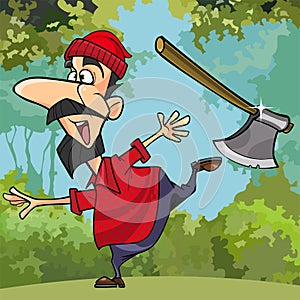 Cartoon funny lumberjack throwing axe in the woods photo