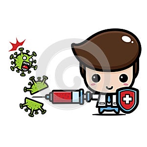 cartoon funny male doctor eradicating virus with injection