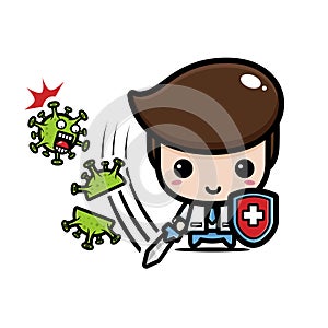 cartoon of a funny male doctor fighting virus with a sword