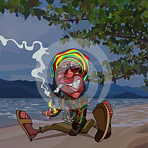 Cartoon funny man rastaman sits by the sea and smokes