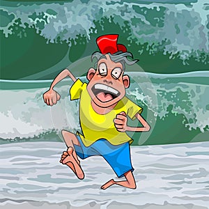 Cartoon funny man runs away from a big wave