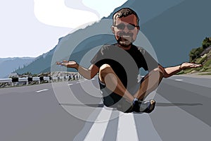 Cartoon funny man sitting on the roadway