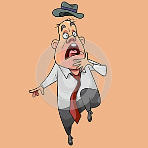 Cartoon funny man with tie and hat jumps in fright
