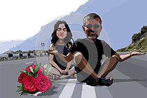 Cartoon funny man and woman sitting with flowers on the roadway