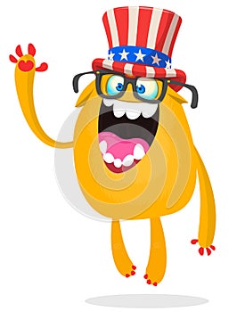 Cartoon funny monster wearing American uncle Sam hat on USA Independence Day . Vector illustration of alien creature character.