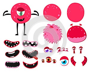 Cartoon funny monsters creation kit. Create your own monster set. Vector illustration.