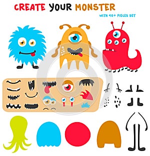 Cartoon funny monsters creation kit. Create your own monster set. Vector illustration.