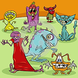 cartoon funny monsters fantasy characters group