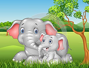 Cartoon funny Mother and baby elephant on jungle background