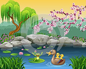 Cartoon funny mother duck with frog on the lily water