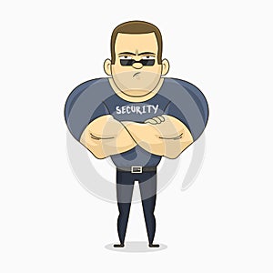 Cartoon funny muscular vector guard looking for bad guys. Strong Athletic man in black clothes. Protection of property and