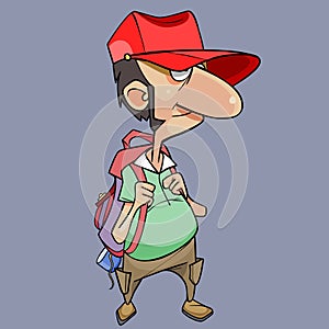 Cartoon funny nosy male traveler stands with backpack