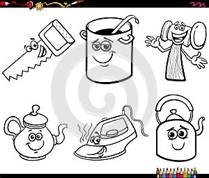 Cartoon funny object characters set coloring book page