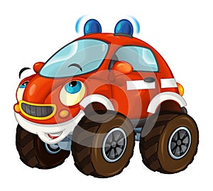 Cartoon funny off road fire fighter truck looking like monster truck isolated