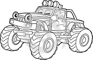 Cartoon funny off road vector truck - isolated coloring page