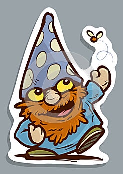 Cartoon funny old gnome in cap with little fly