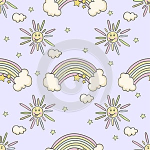 Cartoon funny pattern with sun, rainbow, star.