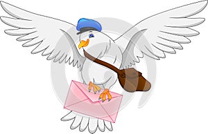 Cartoon funny pigeon bird delivering letter