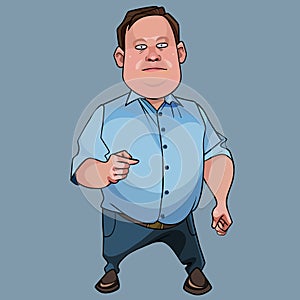 Cartoon funny pot bellied man stands important and shows finger