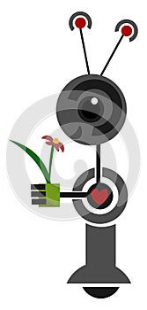 Cartoon funny robot holding a flower vector or color illustration
