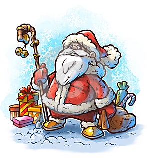 Cartoon funny santa claus with gift bag and bells