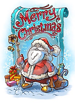 Cartoon funny santa claus with gift bag and boxes
