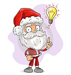 Cartoon funny santa claus with idea light bulb