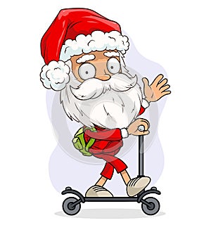 Cartoon funny santa claus riding a kick scooter
