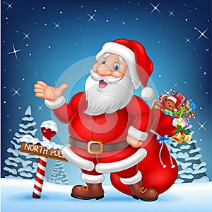 Cartoon funny Santa presenting with a north pole wooden sign