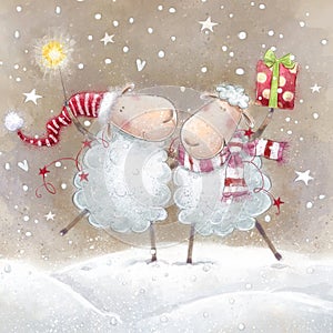 Cartoon funny sheep with sparkler and gift .Christmas greeting cards.