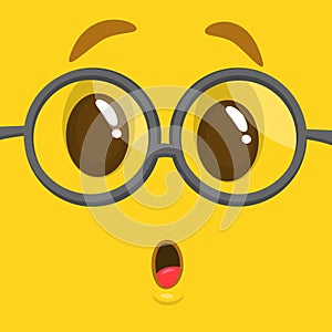 Cartoon funny smart and clever monster face wearing glasses. Vector illustration.