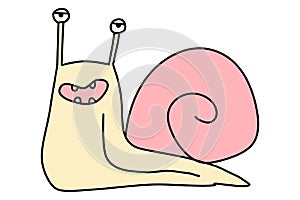 Cartoon funny snail. Cartoon cute doodle slug. Hand-drawn vector illustration isolated on a white background
