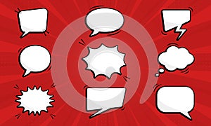 Cartoon Funny Speech Bubbles on Red Pop Art Background. Set of Comic Speech Balloons with Halftone. Collection Empty